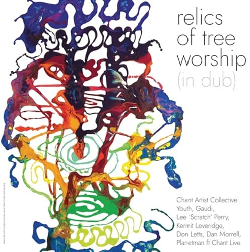 Album cover: abstract colorful paint splatters and text “Relics of Tree Worship.”