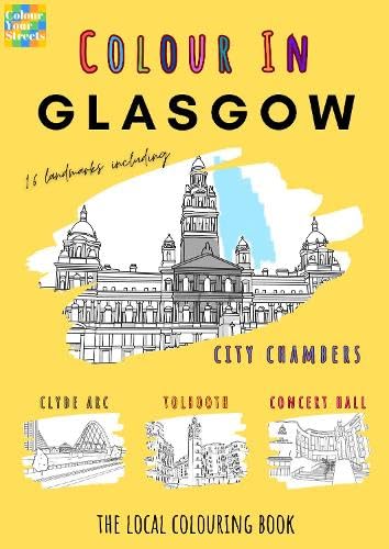 Glasgow colouring book cover with line drawings of city landmarks.