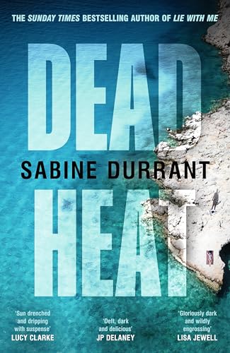 Book cover for "Dead Heat" with blue text over coastal imagery.