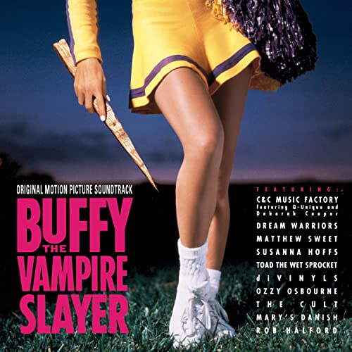Buffy the Vampire Slayer" soundtrack CD cover featuring a cheerleader with a stake.