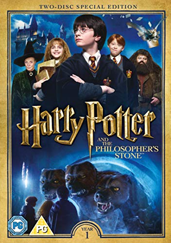 Harry Potter and the Philosopher's Stone" DVD cover with main characters.