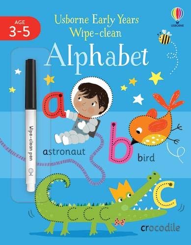 Wipe-clean alphabet book cover with illustrated letters, astronaut, bird, and crocodile.