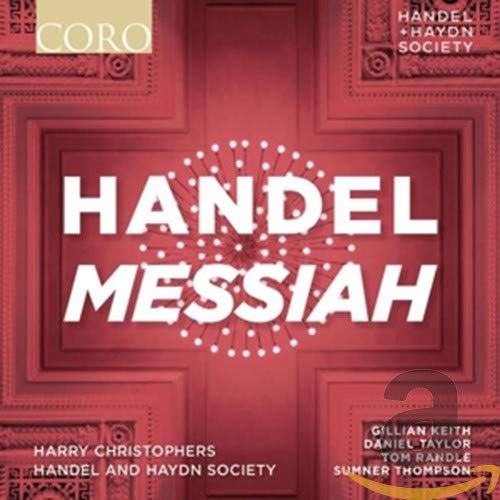 Red CD case for Handel’s Messiah, with white text and floral design.