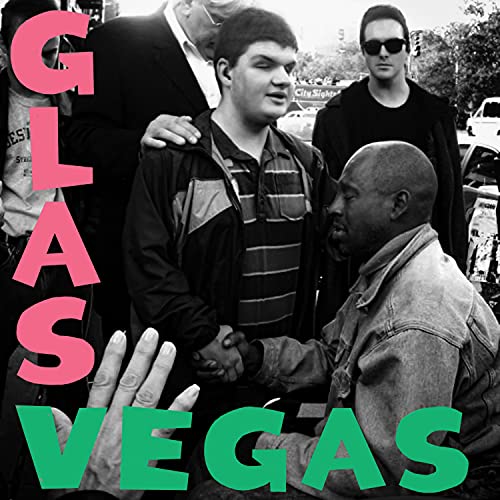 Glasvegas album cover: black and white photo of people, large pink text.