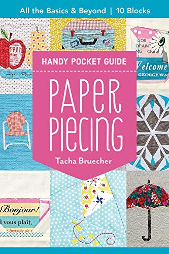 Paper piecing guide cover with colorful quilt block examples.
