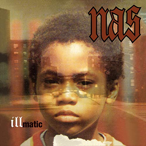 Nas' "Illmatic" vinyl album cover featuring a young man’s portrait.