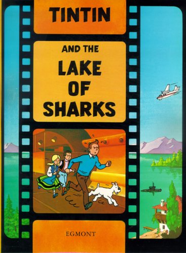 Tintin book cover depicting characters running, a lake, and a small plane.