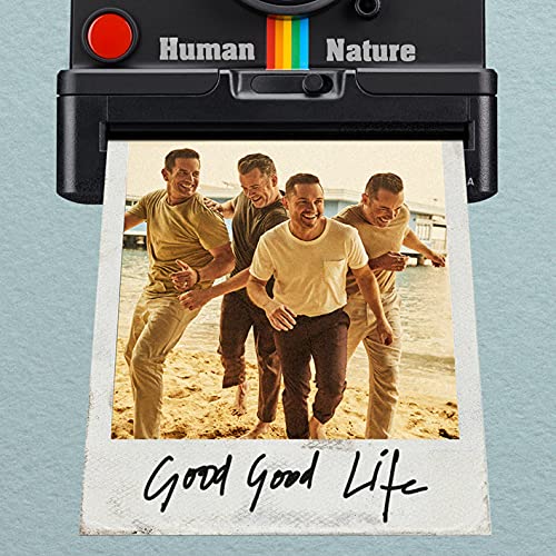 Polaroid photo of four smiling men on a beach, with text overlay.