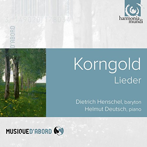 CD cover for Korngold’s “Lieder” with a forest scene and text.