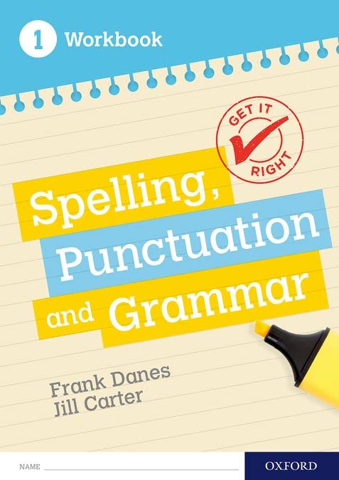 Workbook cover with yellow and blue text: "Spelling, Punctuation and Grammar.