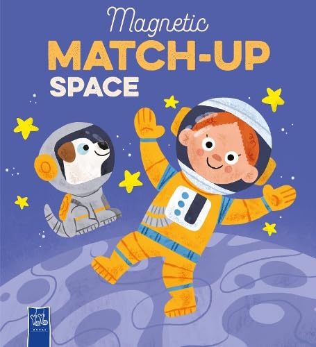 Child and dog in spacesuits with stars on a blue background.