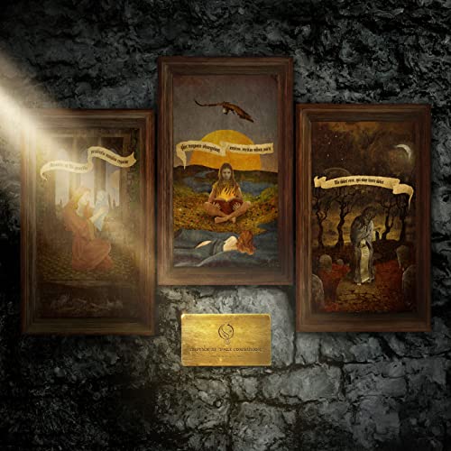 Opeth’s “Pale Communion” vinyl album cover: three framed paintings on a stone wall.
