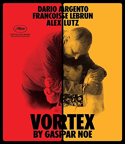 Blu-ray cover for “Vortex” featuring an elderly couple embracing, split by color.