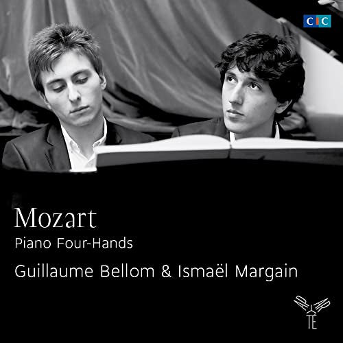CD cover featuring portraits of two young men and text “Mozart: Piano Four-Hands”.
