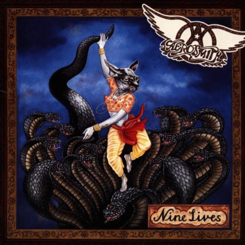 Aerosmith’s “Nine Lives” album cover featuring a cat-human hybrid with cobras.