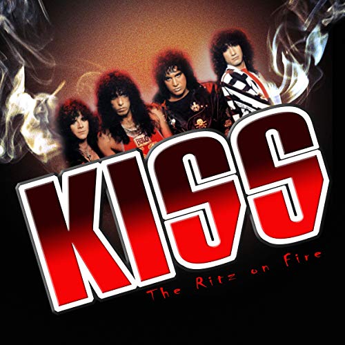 Kiss band members with large red “KISS” lettering and smoke effects.