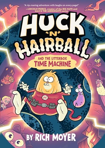 Cartoon cat and purple creature float near a time machine in space.