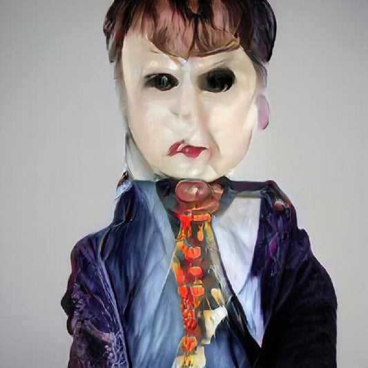 Painted portrait of a person wearing a mask and suit with tie.