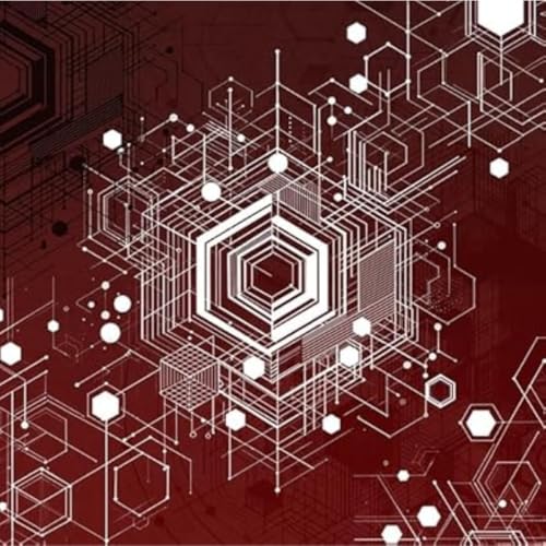 Red and white geometric pattern resembling circuit board connections.