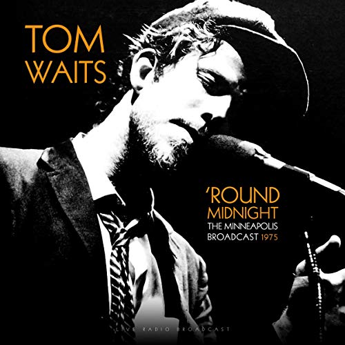 Black and white portrait of Tom Waits with a microphone, album cover.
