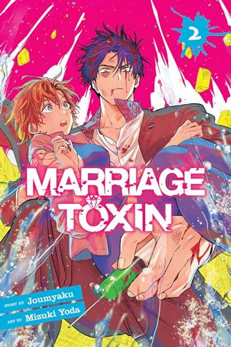 A man carries a woman in his arms against a bright pink, splattered background.