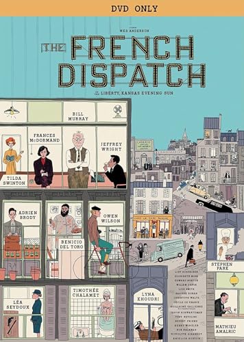 The French Dispatch" DVD cover featuring illustrated characters and a European townscape.