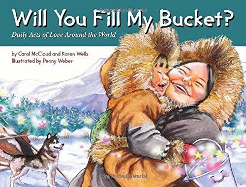 A child and adult in winter gear embrace in a snowy landscape with a husky.