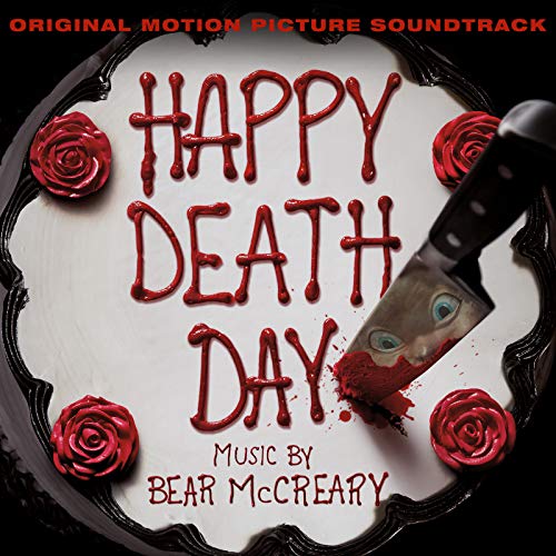 Happy Death Day" CD cover with bloody text, roses, and a knife.