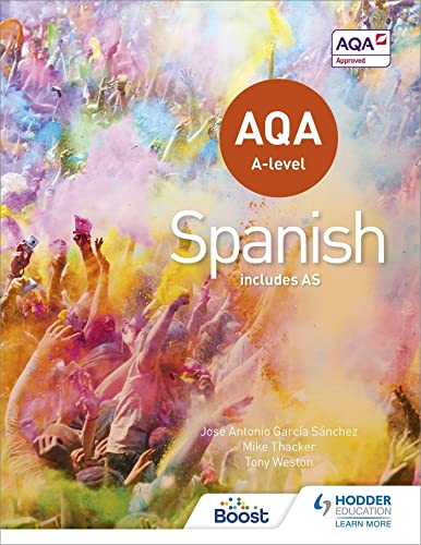 AQA A-level Spanish textbook cover with a colorful festival image.