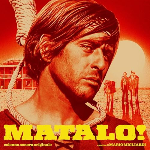 Close-up of a man with a headband, red background, and distant figures.