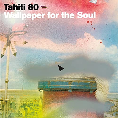 Album cover with a colorful, abstract landscape and a blue drum.