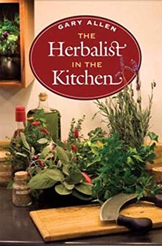 Book cover: "The Herbalist in the Kitchen" with herbs and kitchen items.
