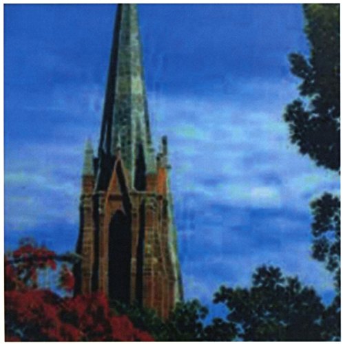 Gothic church spire against a blue sky with red flowers below.