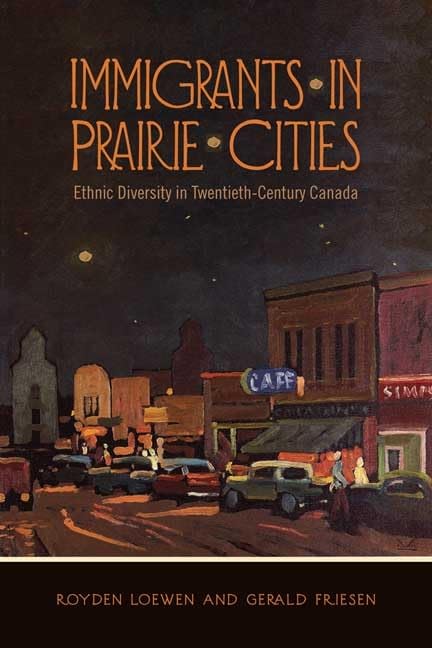 Book cover depicting a nighttime prairie town street scene with text.
