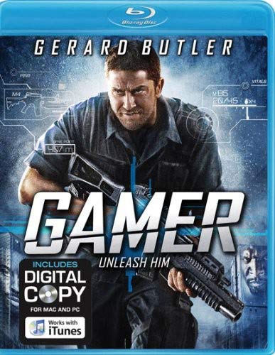“Gamer” Blu-ray cover featuring Gerard Butler holding a gun, with digital copy offer.