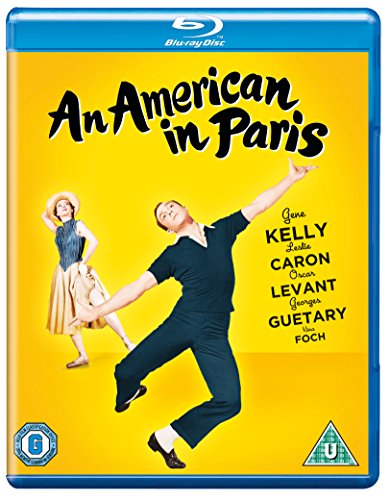 Blu-ray cover for An American in Paris featuring Gene Kelly dancing on yellow background.