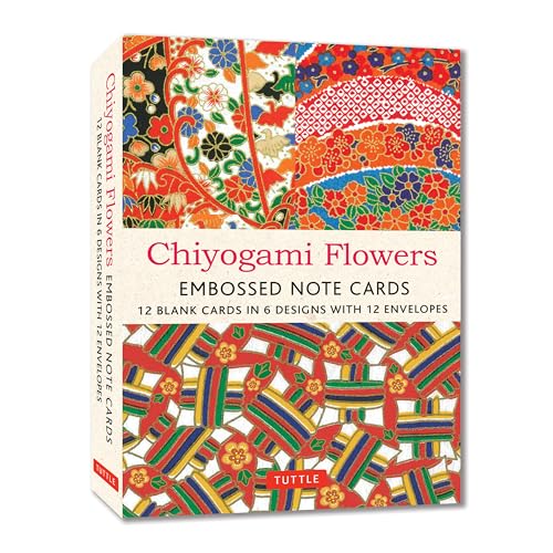 Chiyogami Flowers Embossed Note Cards - 12 Cards : 12 Blank Cards in 6 Lovely Designs (2 each) with 12 Patterned Envelopes in a Keepsake Box