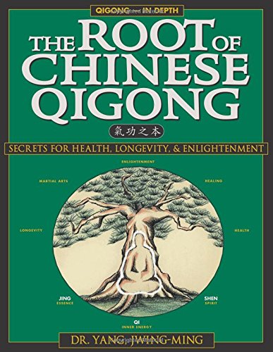 Book cover with a tree illustration and text about Chinese Qigong.