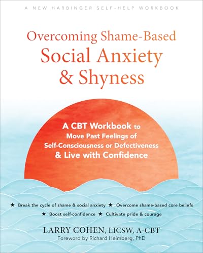 Book cover with red circle on a blue wavy background, title reads "Overcoming Shame-Based Social Anxiety & Shyness".