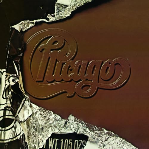 Chicago band logo in brown, with torn silver foil background.
