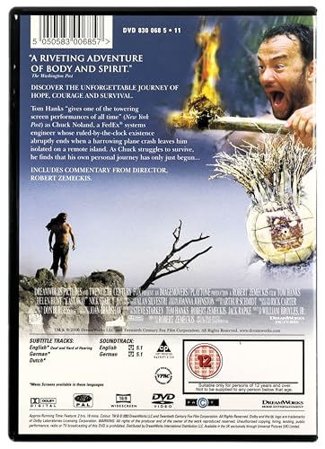 DVD cover for "Cast Away" featuring Tom Hanks with a beard and fire.