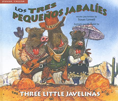 Three javelinas in western wear stand in a desert landscape.