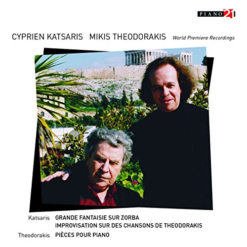 CD cover featuring composers Katsaris and Theodorakis, with a Greek landscape.
