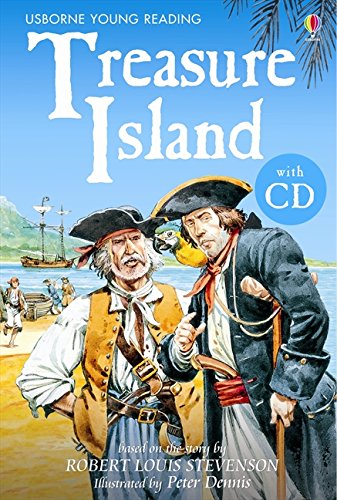 Book cover: "Treasure Island" with pirates, a beach, and ships.