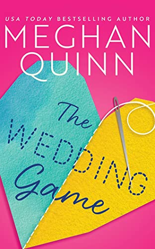 Book cover for "The Wedding Game" with stitched lettering and rings.