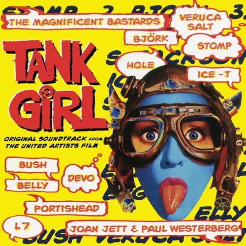 Tank Girl soundtrack vinyl cover: blue face with goggles, bold text, yellow background.