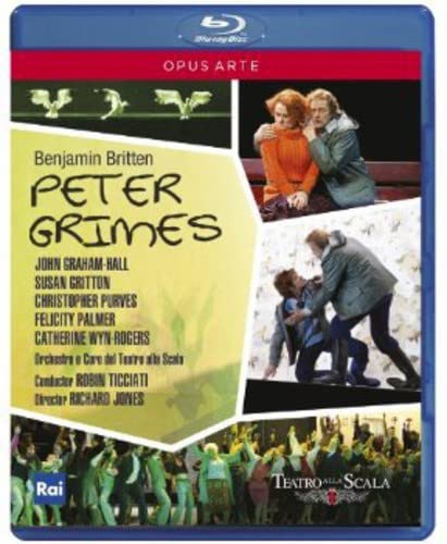 Blu-ray cover for opera "Peter Grimes" featuring performers and seaside imagery.
