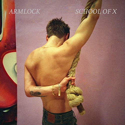 Album cover: shirtless man with arm tied by rope, pink background.