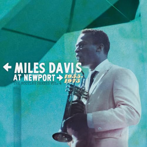 Miles Davis playing a trumpet, set against a teal background with white text overlay.