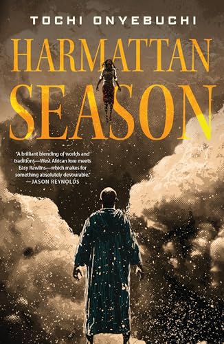Book cover: “Harmattan Season” with figures amidst swirling, smoky clouds.